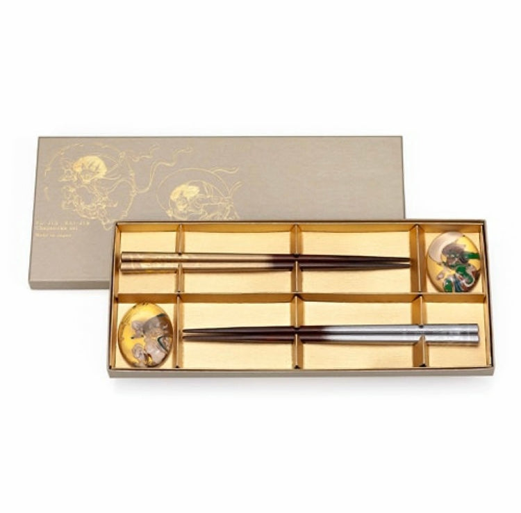 Traditional Japanese Crafts Wakasa Lacquered Chopsticks with Fujin and Raijin #WL-1