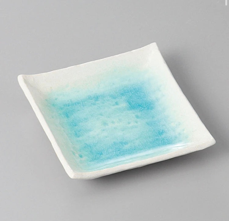 Mino ware White Drift Ice & Sky Blue Square Small Dish Japanese Tableware Pottery #MW-26