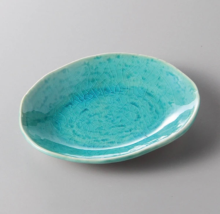 Mino ware Turquoise Blue Deformed PlateJapanese Tableware Pottery #MW-23