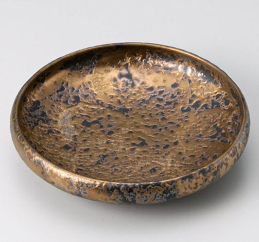 Mino ware Black & Gold Flat bowl Japanese Pottery Tableware (S) #MW-17